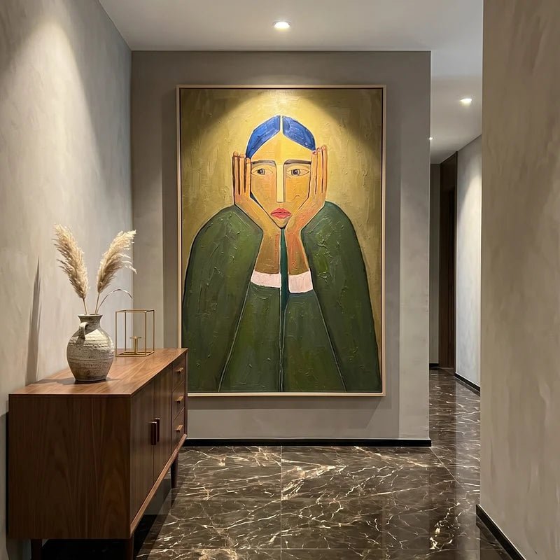 Contemplative Woman Portrait Wall Art – Green Expressionist Painting#yy825002