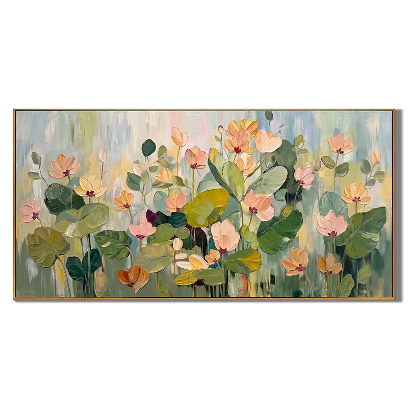 Pink Lotus Garden Wall Art – Green Botanical Painting#yy825006