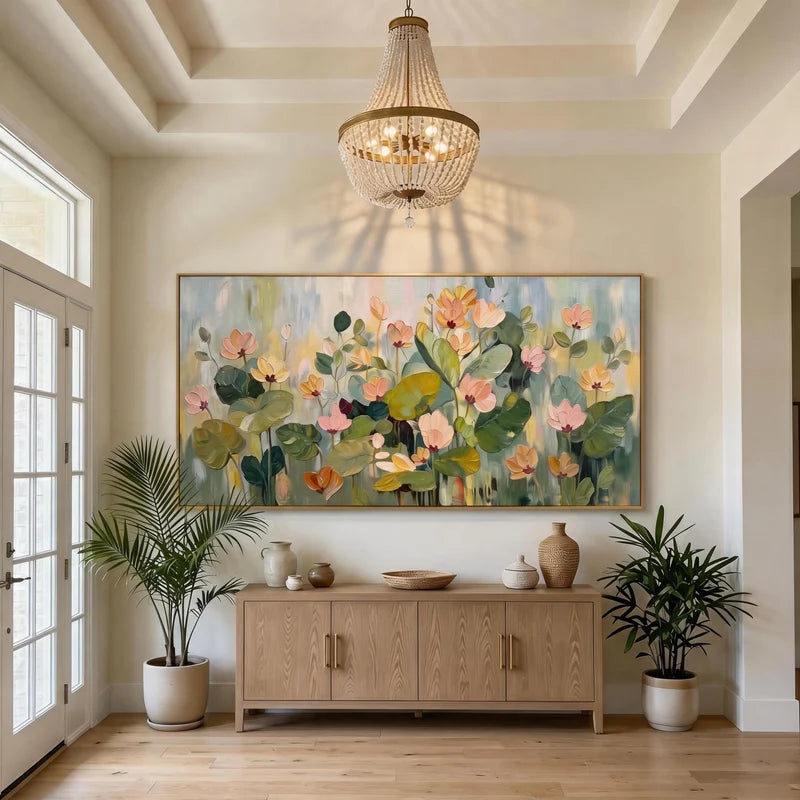 Pink Lotus Garden Wall Art – Green Botanical Painting#yy825006
