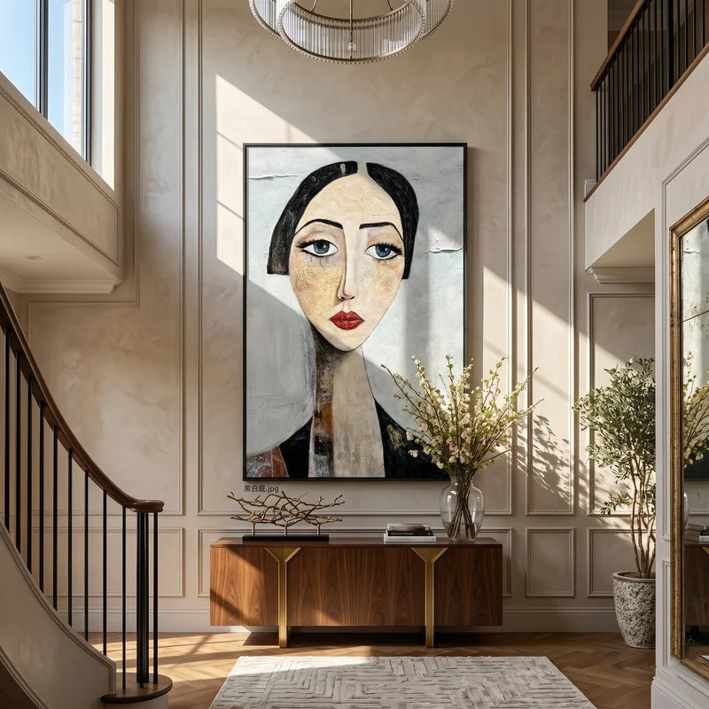 Elegant Woman Portrait Wall Art – Neutral Textured Figure Painting#yy825007