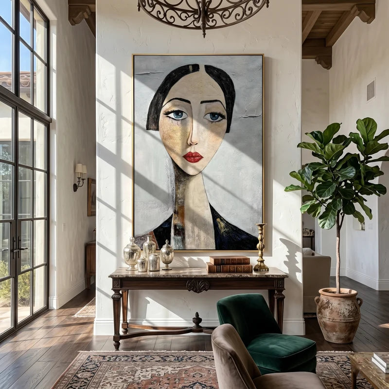 Elegant Woman Portrait Wall Art – Neutral Textured Figure Painting#yy825007