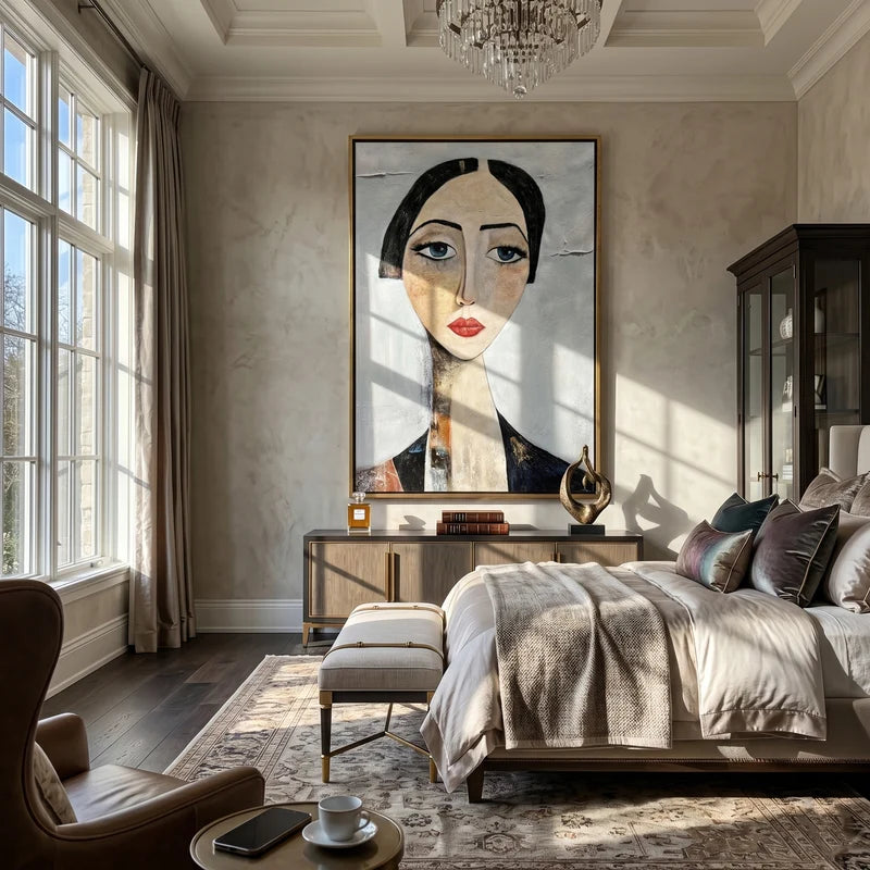 Elegant Woman Portrait Wall Art – Neutral Textured Figure Painting#yy825007