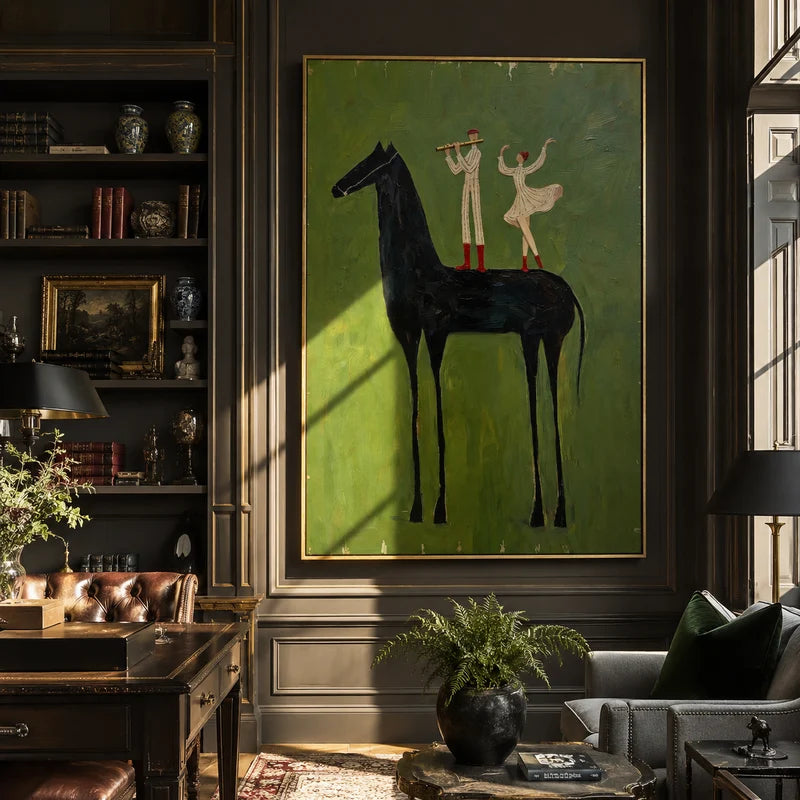 Music and Dance Black Horse Wall Art – Whimsical Figurative Painting#yy825009