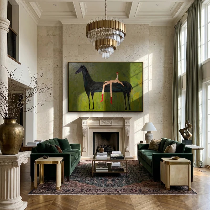 Red Boots Rider Black Horse Wall Art – Whimsical Equestrian Painting#yy825012