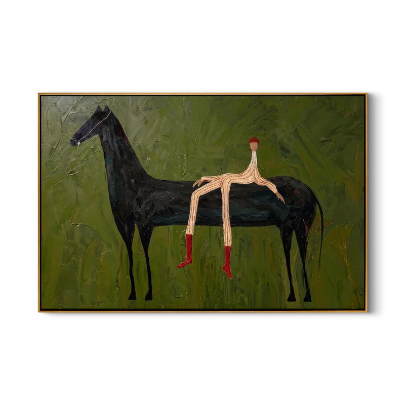 Red Boots Rider Black Horse Wall Art – Whimsical Equestrian Painting#yy825012