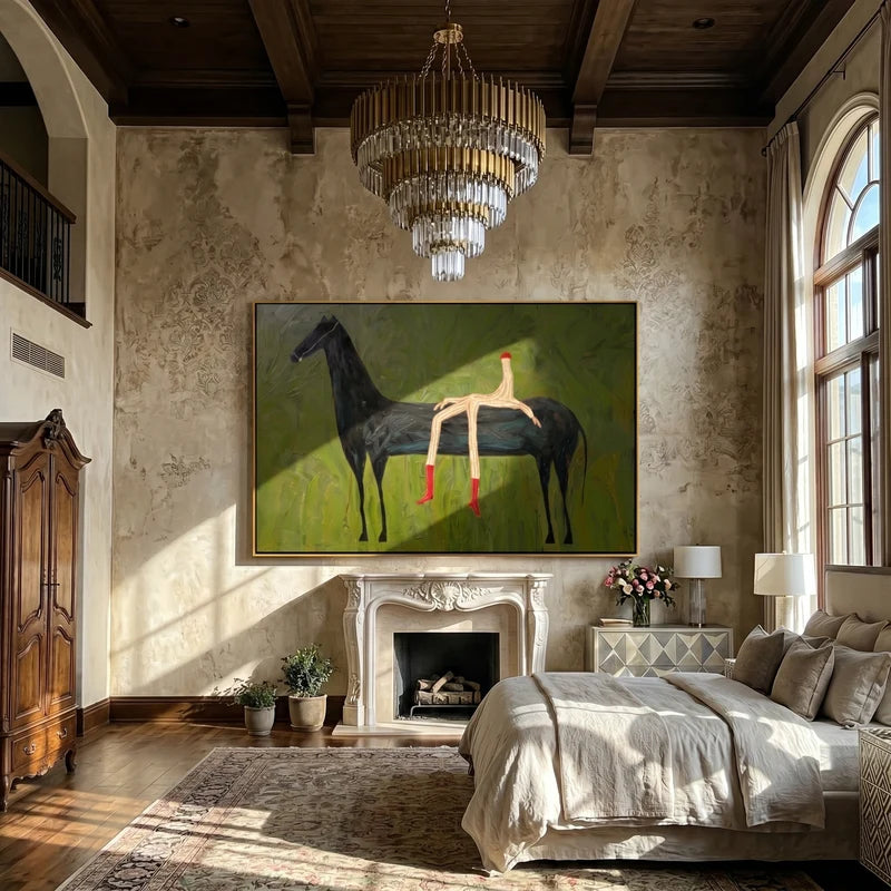 Red Boots Rider Black Horse Wall Art – Whimsical Equestrian Painting#yy825012