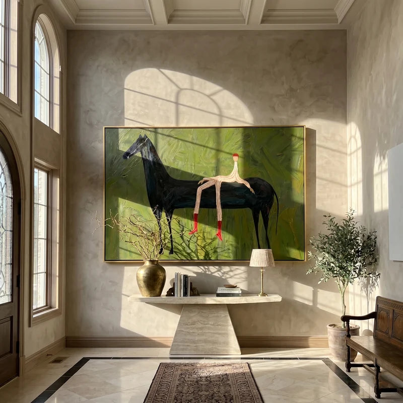 Red Boots Rider Black Horse Wall Art – Whimsical Equestrian Painting#yy825012