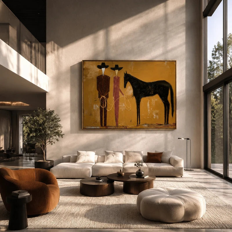 Cowboy Couple Black Horse Wall Art – Modern Western Painting#yy825014
