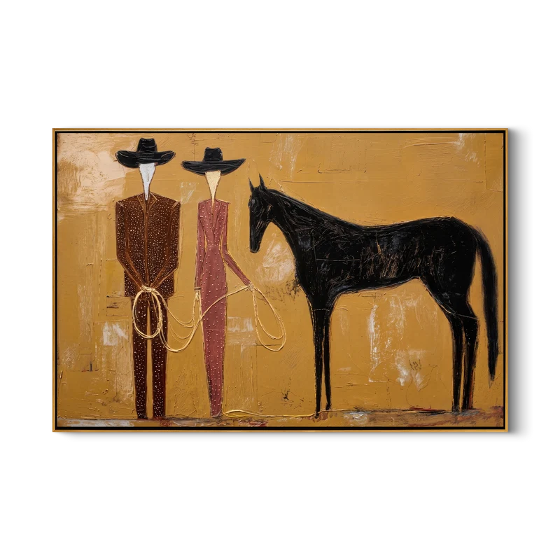 Cowboy Couple Black Horse Wall Art – Modern Western Painting#yy825014