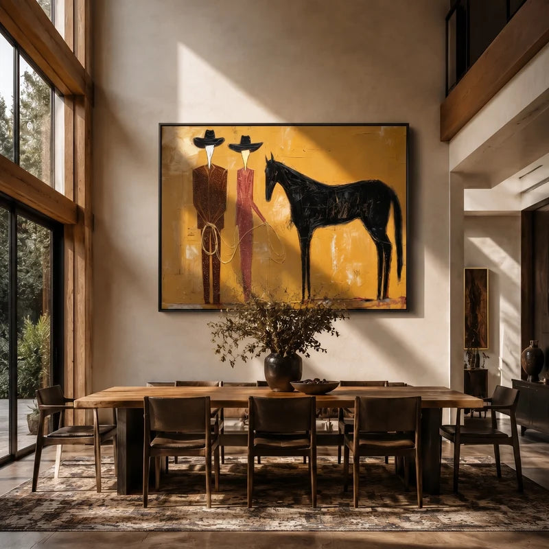 Cowboy Couple Black Horse Wall Art – Modern Western Painting#yy825014