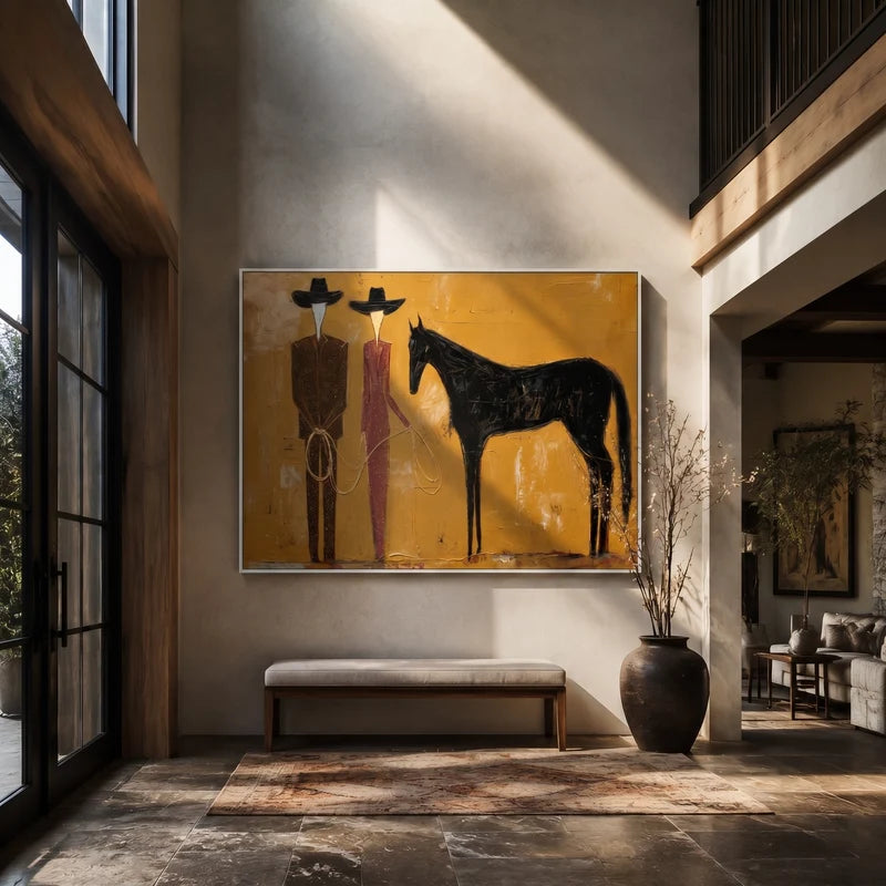Cowboy Couple Black Horse Wall Art – Modern Western Painting#yy825014