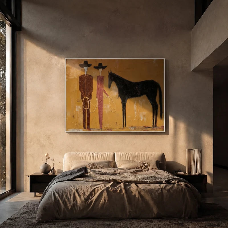 Cowboy Couple Black Horse Wall Art – Modern Western Painting#yy825014
