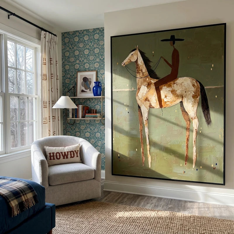 White Horse Cowboy Wall Art – Modern Western Equestrian Painting#yy825017