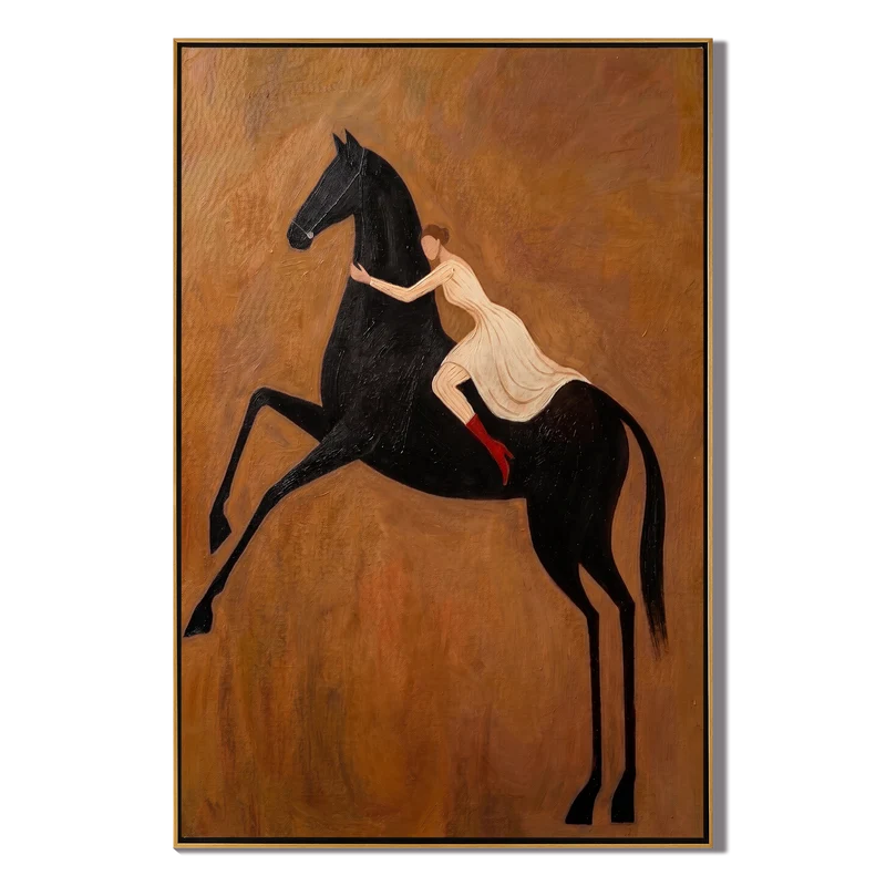 Woman Riding Black Horse Wall Art – Red Boots Equestrian Painting#yy825018