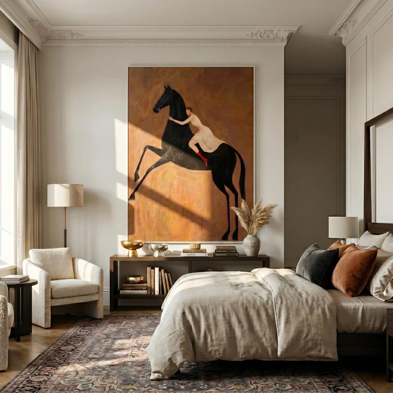 Woman Riding Black Horse Wall Art – Red Boots Equestrian Painting#yy825018