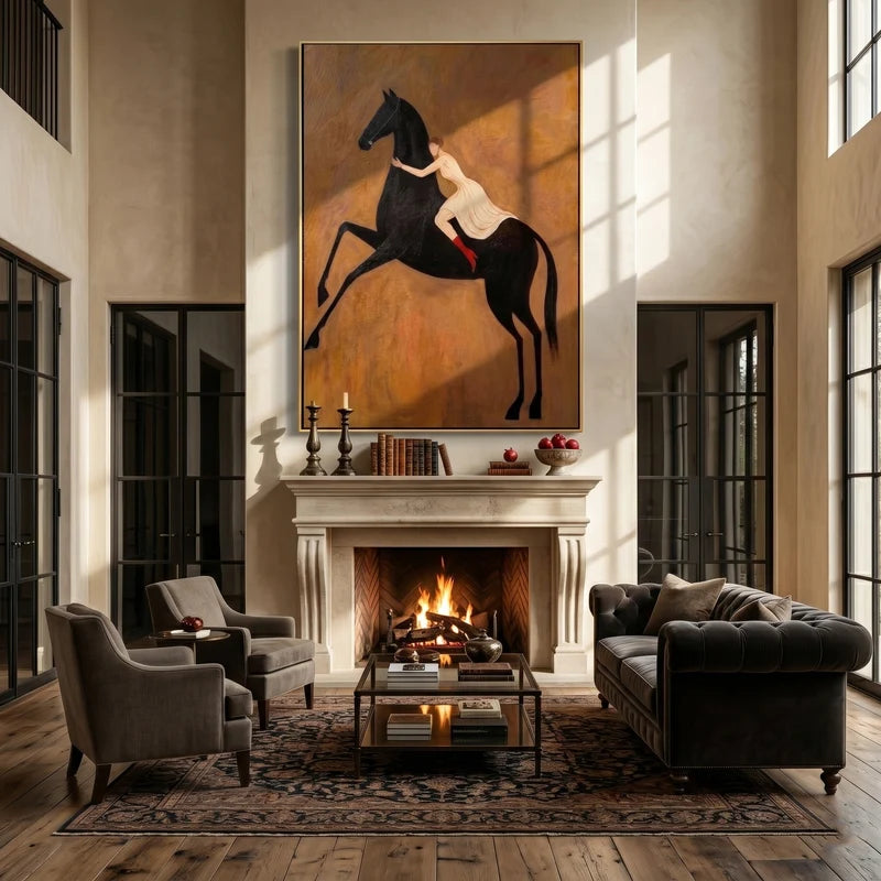Woman Riding Black Horse Wall Art – Red Boots Equestrian Painting#yy825018