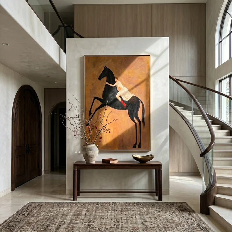Woman Riding Black Horse Wall Art – Red Boots Equestrian Painting#yy825018