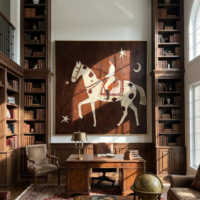 Celestial Horse Rider Wall Art – Moon and Stars Equestrian Painting#yy825020