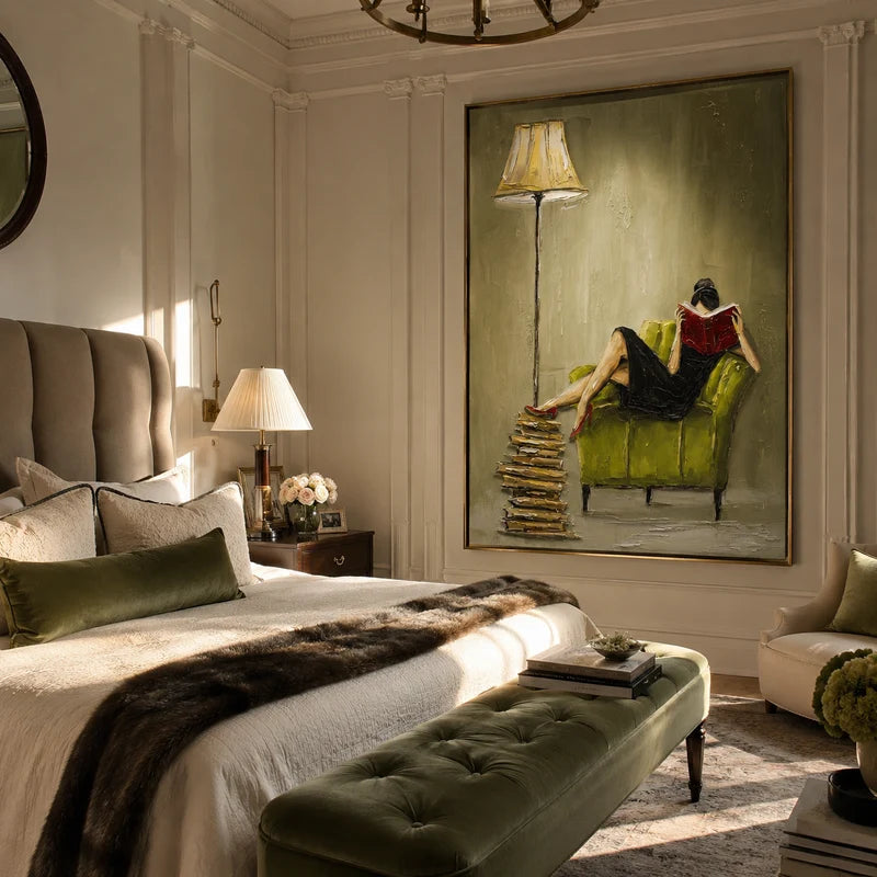 Woman Reading Wall Art – Green Chair & Red Book Painting#yy825023