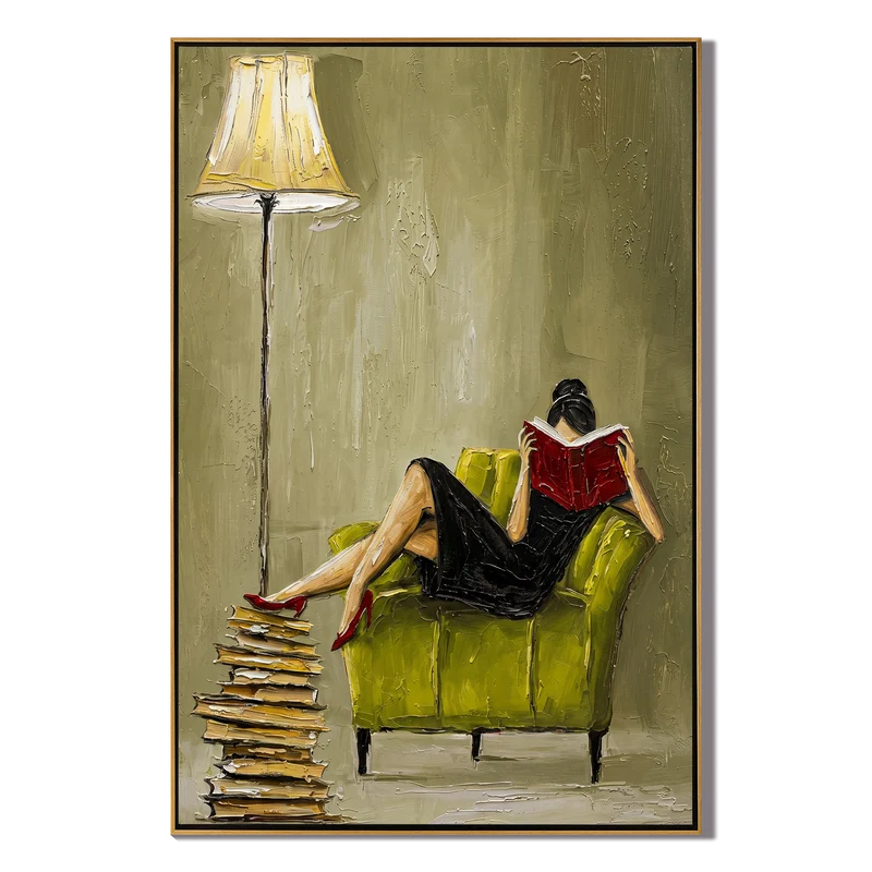 Woman Reading Wall Art – Green Chair & Red Book Painting#yy825023