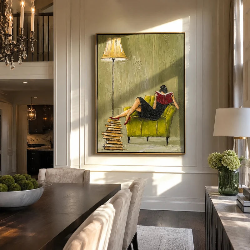 Woman Reading Wall Art – Green Chair & Red Book Painting#yy825023