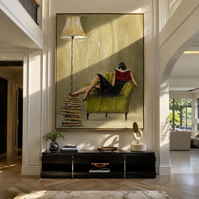 Woman Reading Wall Art – Green Chair & Red Book Painting#yy825023