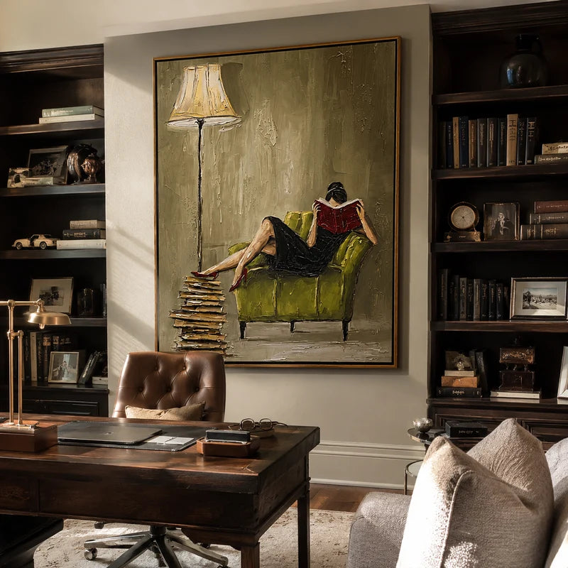 Woman Reading Wall Art – Green Chair & Red Book Painting#yy825023