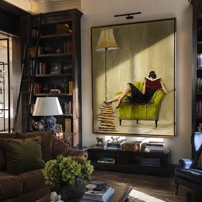 Woman Reading Wall Art – Green Chair & Red Book Painting#yy825023