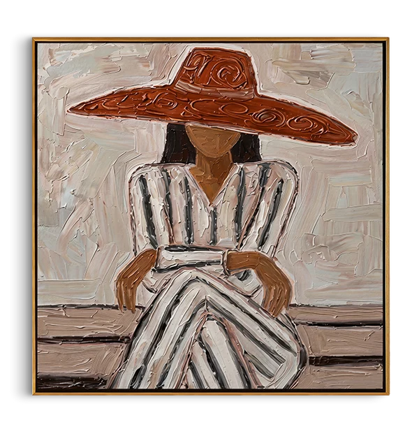 Wide Brim Hat Woman Wall Art – Neutral Striped Fashion Portrait#yy825027