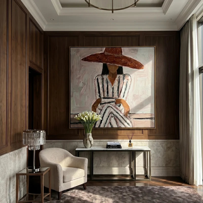 Wide Brim Hat Woman Wall Art – Neutral Striped Fashion Portrait#yy825027