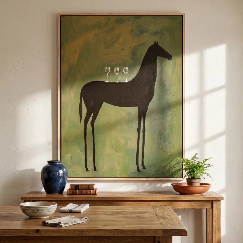Black Horse Wine Glass Wall Art – Whimsical Bar Painting#yy825028
