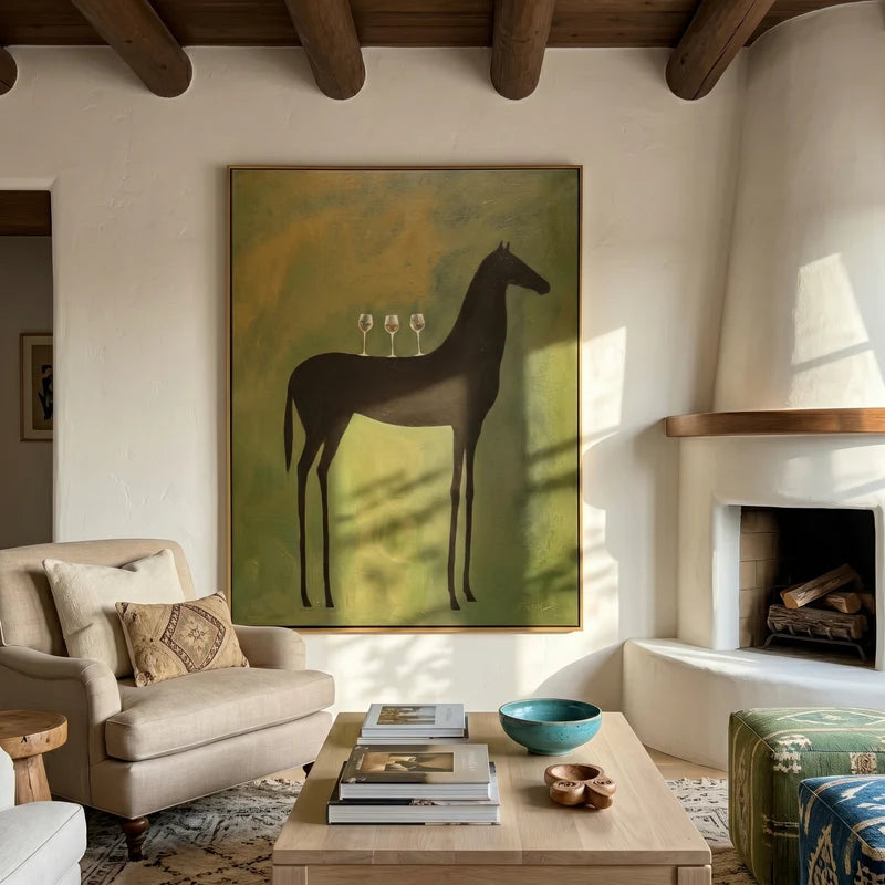 Black Horse Wine Glass Wall Art – Whimsical Bar Painting#yy825028