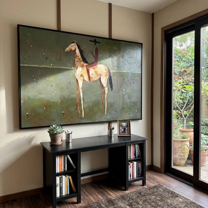 White Horse Rider Wall Art – Olive Green Western Painting#yy825029
