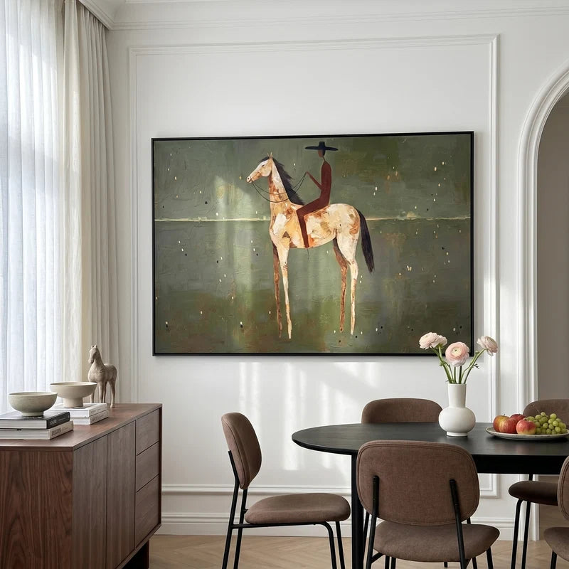 White Horse Rider Wall Art – Olive Green Western Painting#yy825029