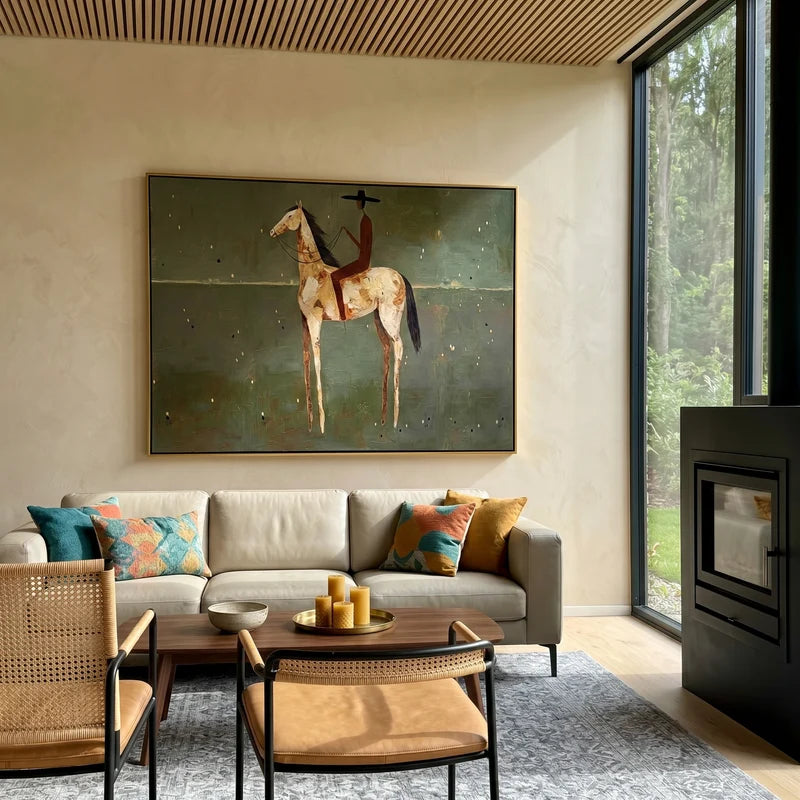 White Horse Rider Wall Art – Olive Green Western Painting#yy825029