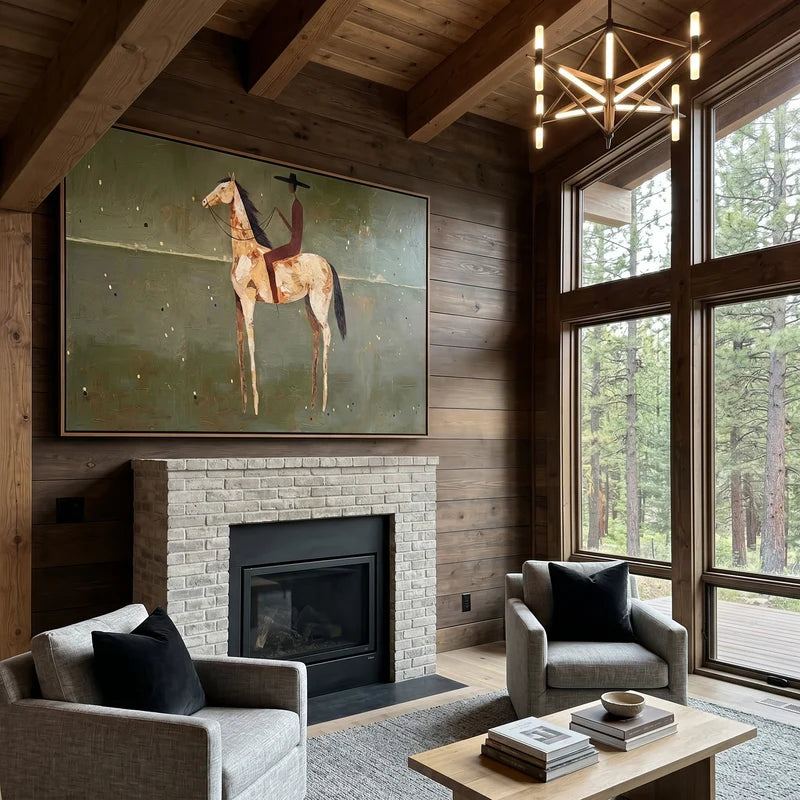 White Horse Rider Wall Art – Olive Green Western Painting#yy825029