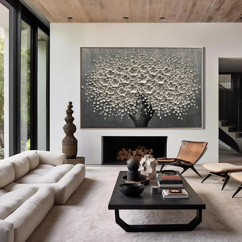 White Blossom Tree Wall Art – Black & Gray Floral Painting#yy825032