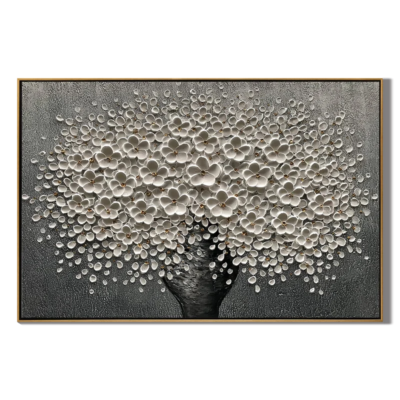 White Blossom Tree Wall Art – Black & Gray Floral Painting#yy825032