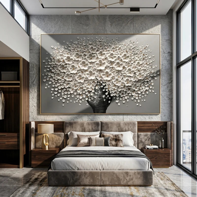 White Blossom Tree Wall Art – Black & Gray Floral Painting#yy825032