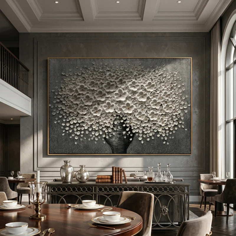 White Blossom Tree Wall Art – Black & Gray Floral Painting#yy825032