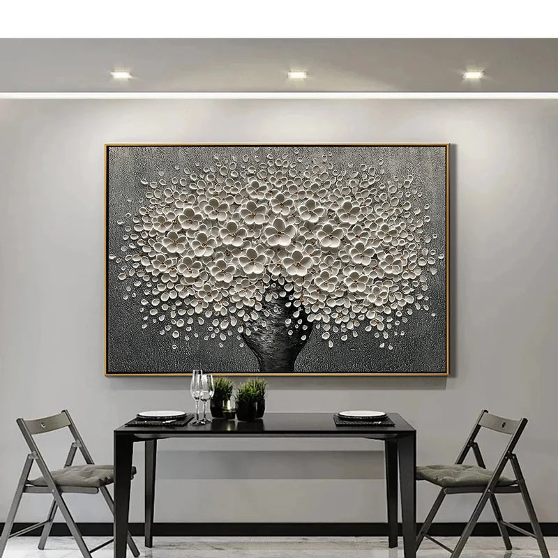 White Blossom Tree Wall Art – Black & Gray Floral Painting#yy825032