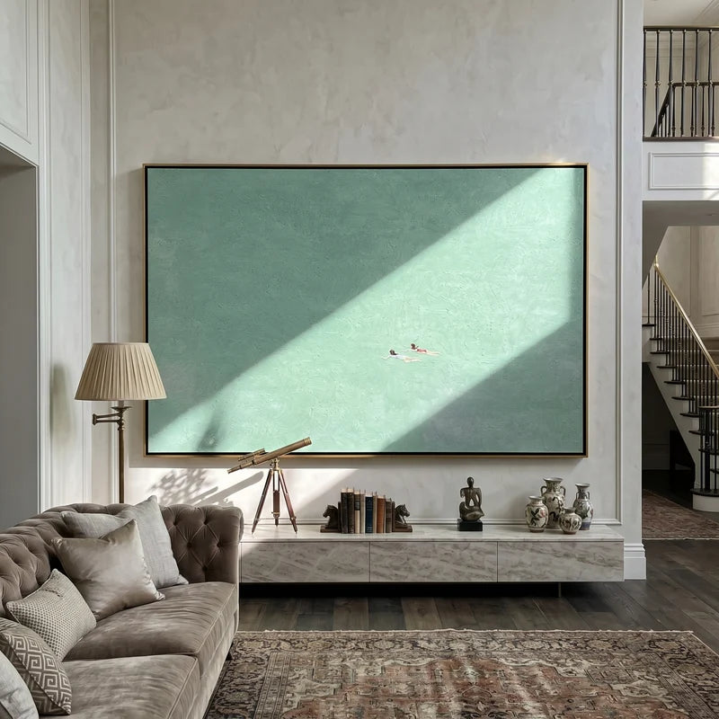 Minimalist Swimmer Wall Art – Mint Green Water Painting#yy825034