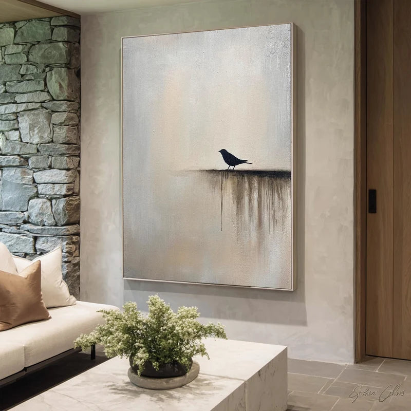 Minimalist Black Bird Wall Art – Neutral Nature Painting#yy825036