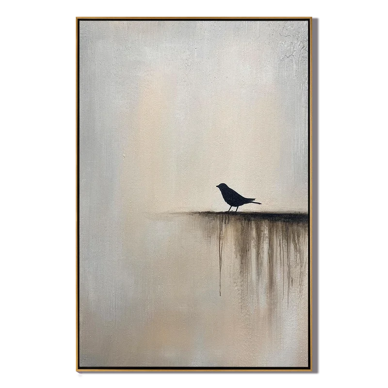 Minimalist Black Bird Wall Art – Neutral Nature Painting#yy825036
