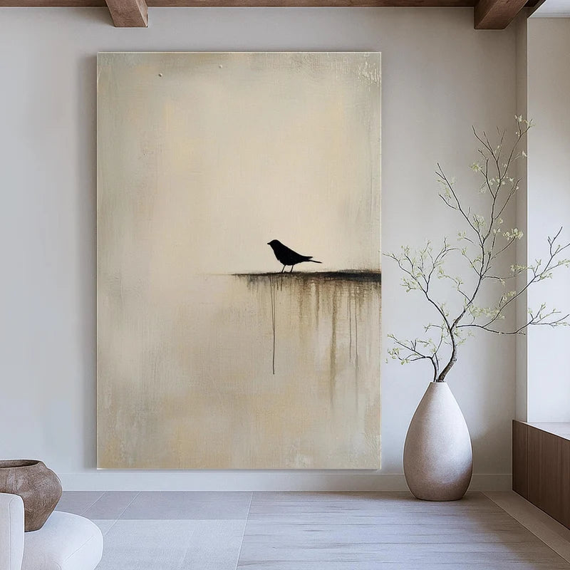 Minimalist Black Bird Wall Art – Neutral Nature Painting#yy825036