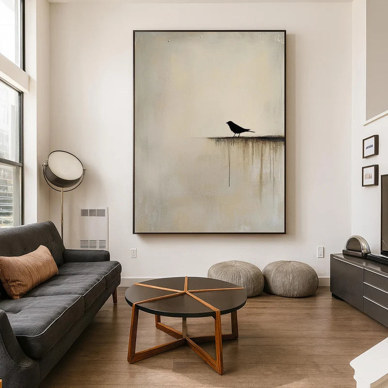Minimalist Black Bird Wall Art – Neutral Nature Painting#yy825036