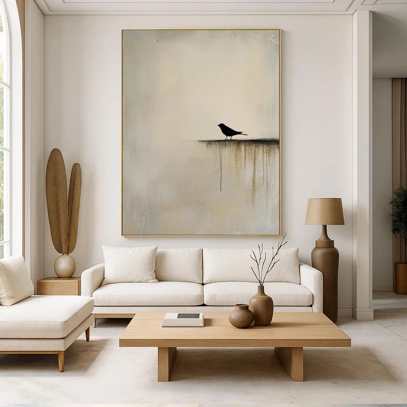 Minimalist Black Bird Wall Art – Neutral Nature Painting#yy825036