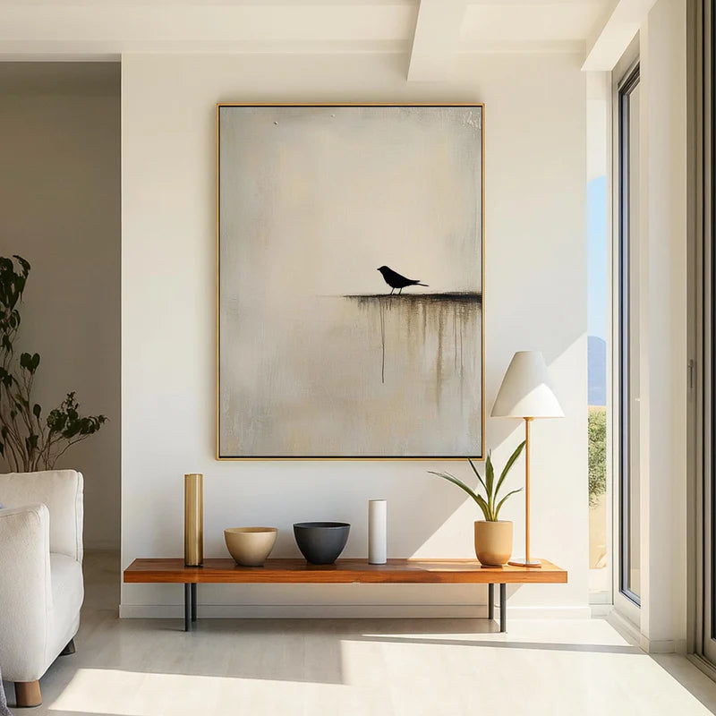 Minimalist Black Bird Wall Art – Neutral Nature Painting#yy825036
