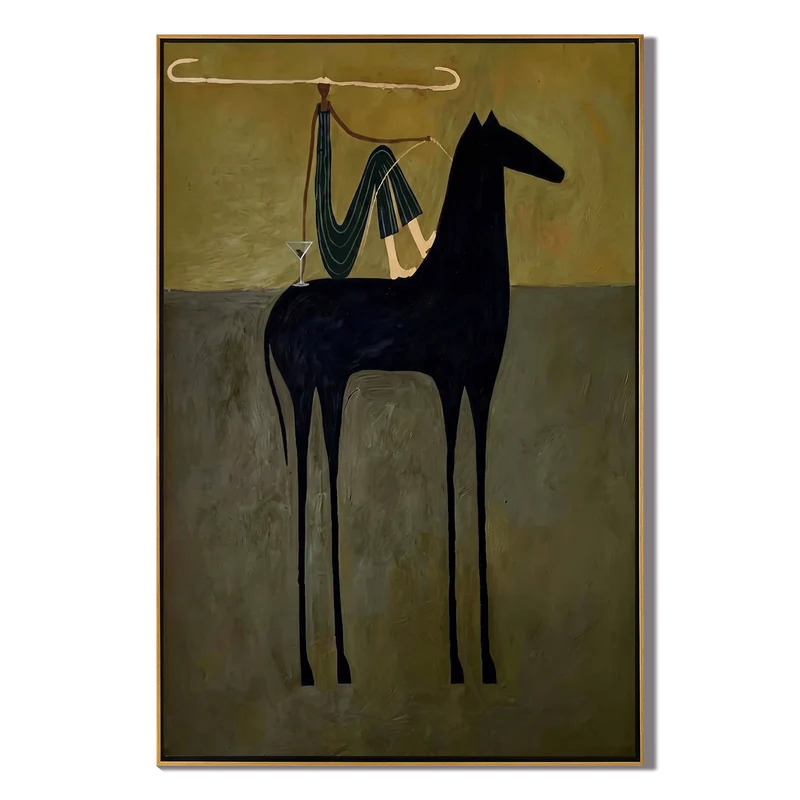 Longhorn Rider Black Horse Wall Art – Whimsical Western Painting#yy825038