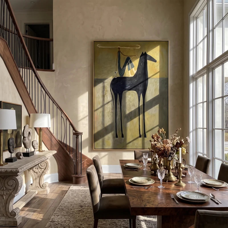 Longhorn Rider Black Horse Wall Art – Whimsical Western Painting#yy825038